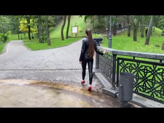 walking in the park in leather leggings cute girl